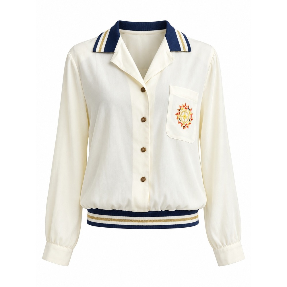Vintage CHaus Nautical Shirt Women's L White Navy Gold Crest Button Front